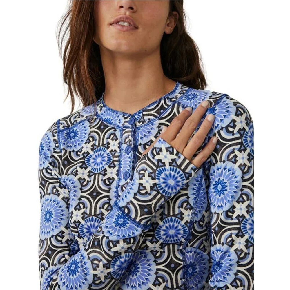 New Free People Fireside Long Sleeve Base Layer Blue Top Size M
